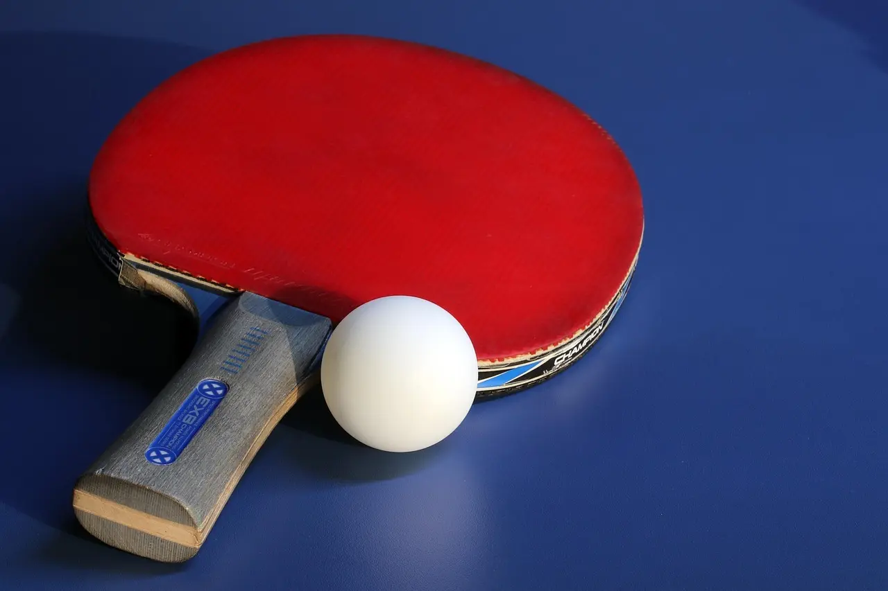 Rødt bordtennisbat og bordtennisbold