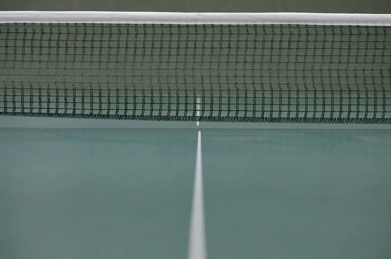 Bordtennisbord set forfra med net og midterlinje